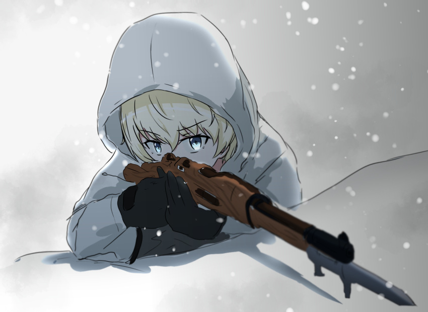 1girl, aiming, bangs, bayonet, black_gloves, blue_eyes, bolt_action, coat