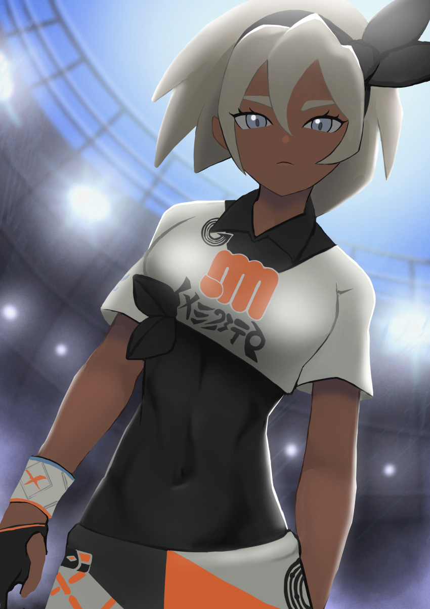 1girl, absurdres, bangs, bea_(pokemon), black_bodysuit, black_hairband, bodysuit, bodysuit_under_clothes, bow_hairband, breasts, closed_mouth, collared_shirt, commentary_request, covered_navel, dark-skinned_female, dark_skin, dynamax_band, gloves, grey_eyes, grey_hair, gym_leader, hair_between_eyes, hairband, highres, homomomomon, light, looking_at_viewer, partially_fingerless_gloves, pokemon, pokemon_(game), pokemon_swsh, print_shirt, print_shorts, shirt, short_hair, short_sleeves, shorts, solo, stadium