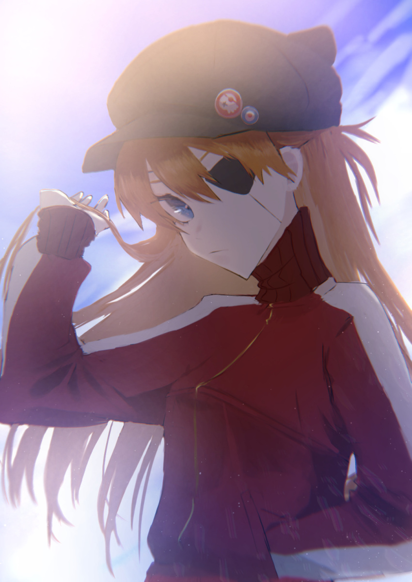 1girl, backlighting, black_eyepatch, black_headwear, blue_eyes, blue_sky, closed_mouth, expressionless, eyepatch, hand_in_pocket, hand_up, hat, highres, jacket, kota_soydog, light_particles, long_hair, long_sleeves, looking_at_viewer, neon_genesis_evangelion, one_eye_covered, orange_hair, outdoors, rebuild_of_evangelion, red_jacket, sky, sleeves_past_wrists, solo, souryuu_asuka_langley, sunlight, track_jacket, upper_body