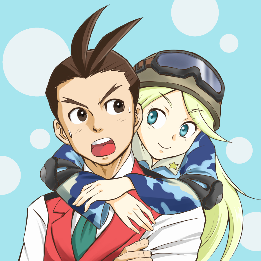 1boy, 1girl, antenna_hair, aqua_neckwear, bangs, black-framed_eyewear, blonde_hair, blue_background, blue_eyes, blue_pajamas, blue_shirt, blush, brown_hair, brown_headwear, child, closed_mouth, collared_shirt, commentary_request, elbow_pads, eye_contact, eyebrows_visible_through_hair, eyewear_on_headwear, forehead, forked_eyebrows, goggles, gyakuten_saiban, gyakuten_saiban_6, happy, helmet, hug, hug_from_behind, kaichi_(rocchi), light_blush, long_hair, long_sleeves, looking_at_another, looking_to_the_side, necktie, odoroki_housuke, open_mouth, pajamas, parted_bangs, red_vest, sanagi_hiruneria, shirt, short_hair, simple_background, smile, star_(symbol), sweat, teeth, two-tone_background, v-shaped_eyebrows, vest