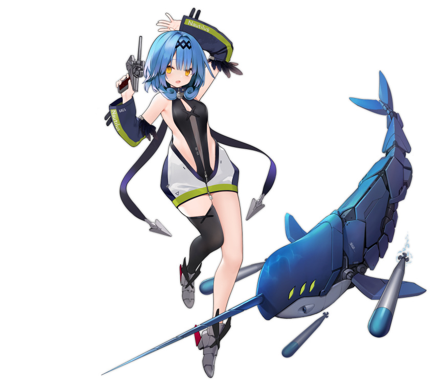 1girl, arm_behind_head, azur_lane, black_legwear, black_swimsuit, blue_hair, breasts, detached_sleeves