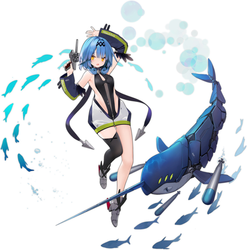 1girl, arm_behind_head, azur_lane, black_legwear, black_swimsuit, blue_hair, breasts, detached_sleeves