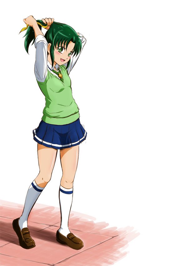 1girl, :d, arms_up, blue_skirt, blush, brown_footwear, collarbone, collared_shirt, fuchi_(nightmare), full_body, green_eyes, green_hair, green_neckwear, green_sweater, hair_intakes, hair_ribbon, kneehighs, loafers, long_hair, midorikawa_nao, miniskirt, nanairogaoka_middle_school_uniform, necktie, open_mouth, pleated_skirt, ponytail, precure, ribbon, school_uniform, shiny, shiny_hair, shiny_skin, shirt, shoes, simple_background, skirt, sleeveless, sleeveless_sweater, smile, smile_precure!, solo, standing, sweater, tying_hair, white_background, white_legwear, white_shirt, wing_collar, yellow_ribbon