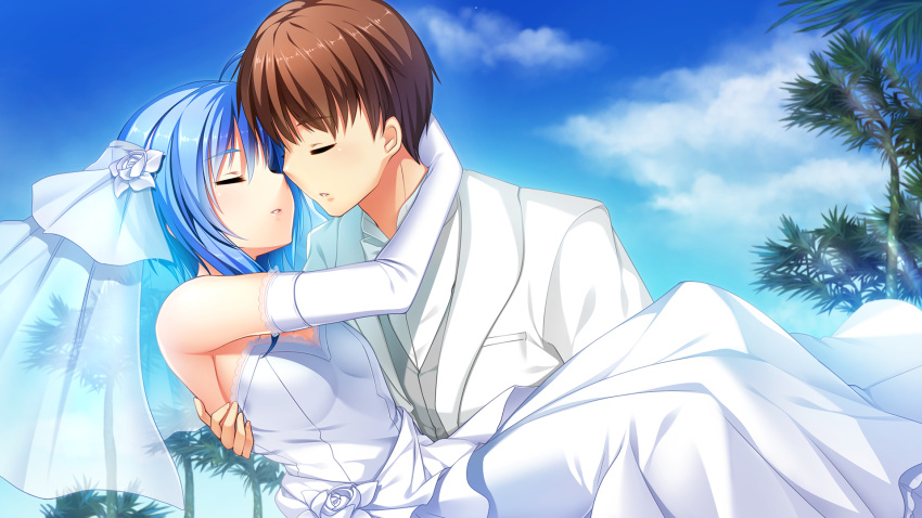 1boy, 1girl, ahoge, blue_hair, blue_sky, breasts, brown_hair, carrying
