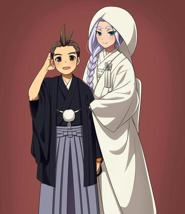 2boys, alternate_costume, androgynous, antenna_hair, asymmetrical_hair, black_kimono, blue_hair, blush