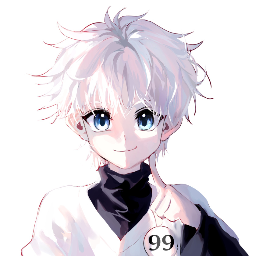 1boy, badge, bangs, black_shirt, blue_eyes, button_badge, closed_mouth, commentary_request, hand_up, happy, highres, hunter_x_hunter, index_finger_raised, killua_zoldyck, korean_commentary, long_sleeves, looking_at_viewer, male_focus, messy_hair, number, portrait, seol_q, shirt, short_hair, simple_background, smile, solo, spiky_hair, turtleneck, undershirt, white_background, white_hair, white_shirt