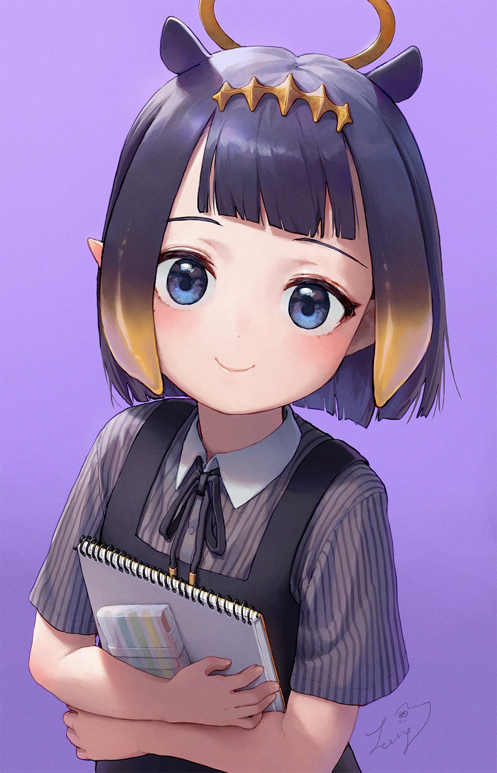 1girl, alternate_hair_length, alternate_hairstyle, bangs, blunt_bangs, colored_pencil, halo, headpiece