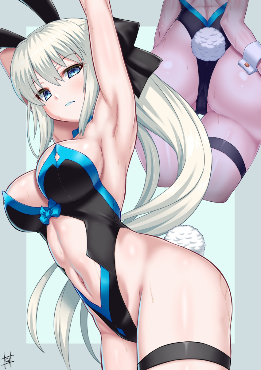 1girl, animal_ears, armpits, black_bow, black_leotard, blue_eyes, bow, breasts