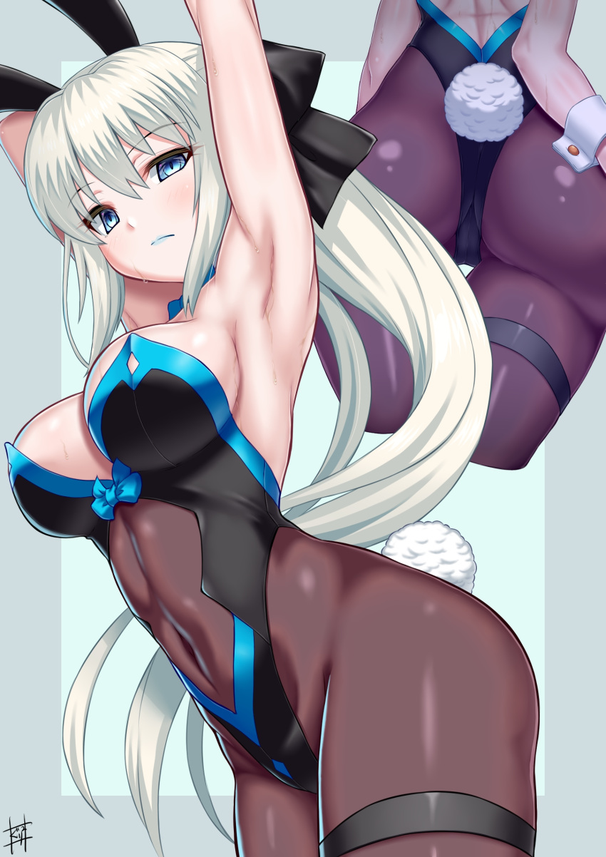 1girl, animal_ears, armpits, black_bodysuit, black_bow, black_leotard, blue_eyes, bodystocking