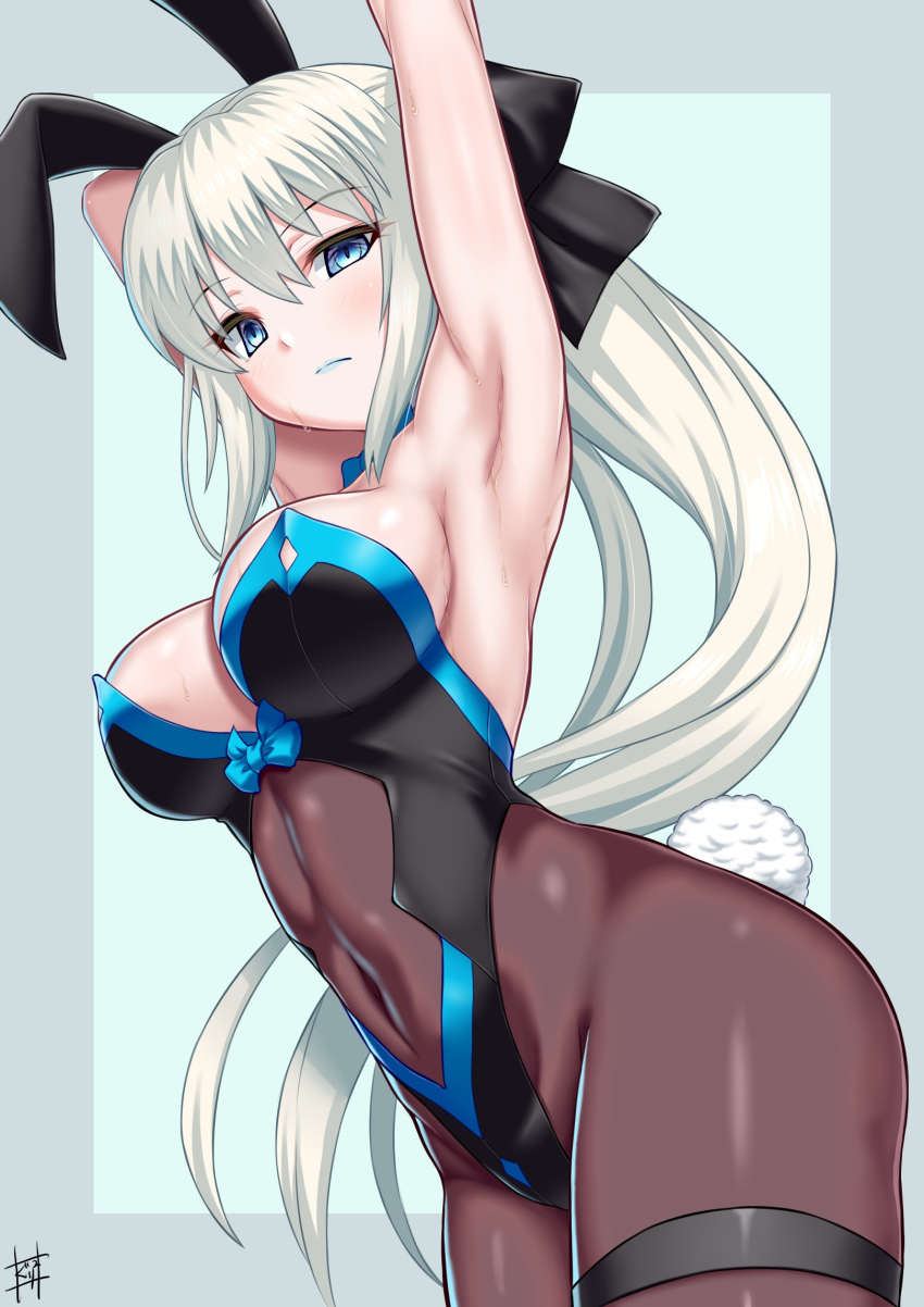 1girl, animal_ears, armpits, black_bodysuit, black_bow, black_leotard, blue_eyes, bodystocking