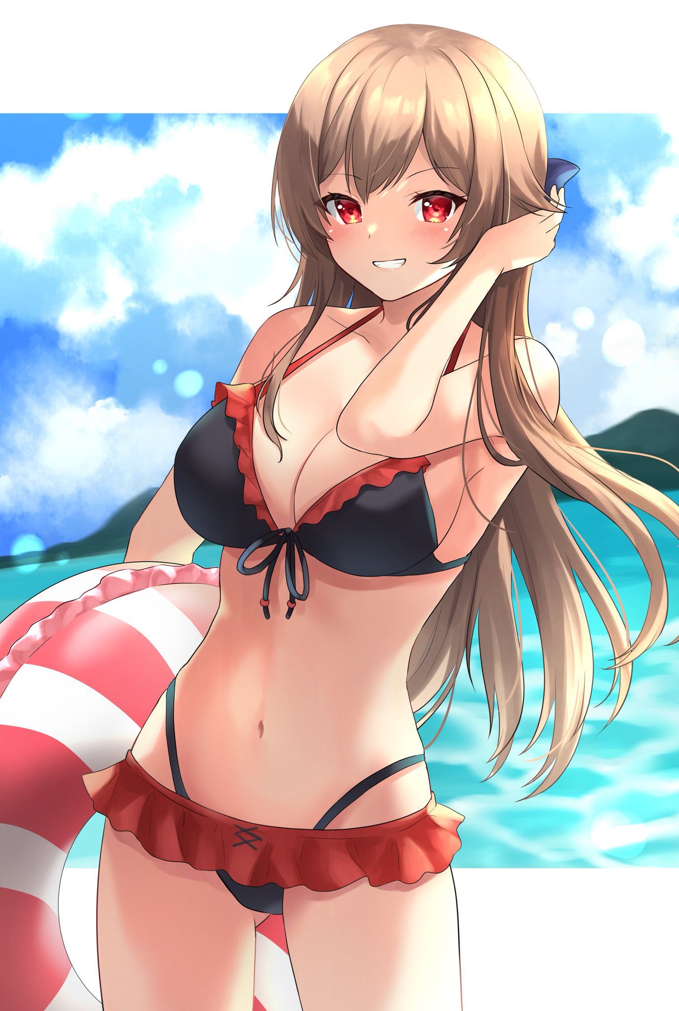 1girl, bikini, bow, breasts, clouds, cowboy_shot, front-tie_bikini, front-tie_top