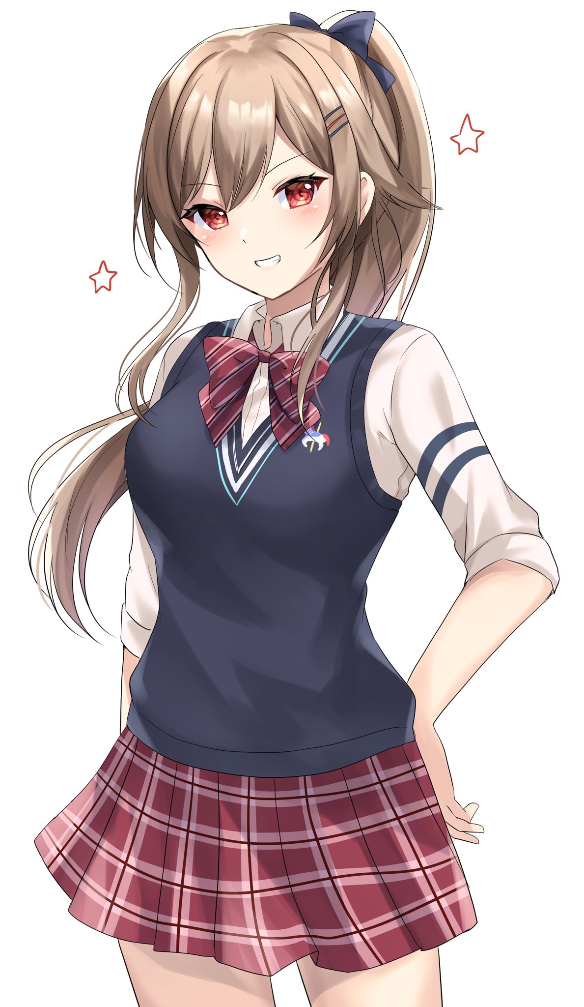 1girl, bow, breasts, diagonal-striped_bow, furen_e_lustario, grin, hair_bow, hand_on_hip