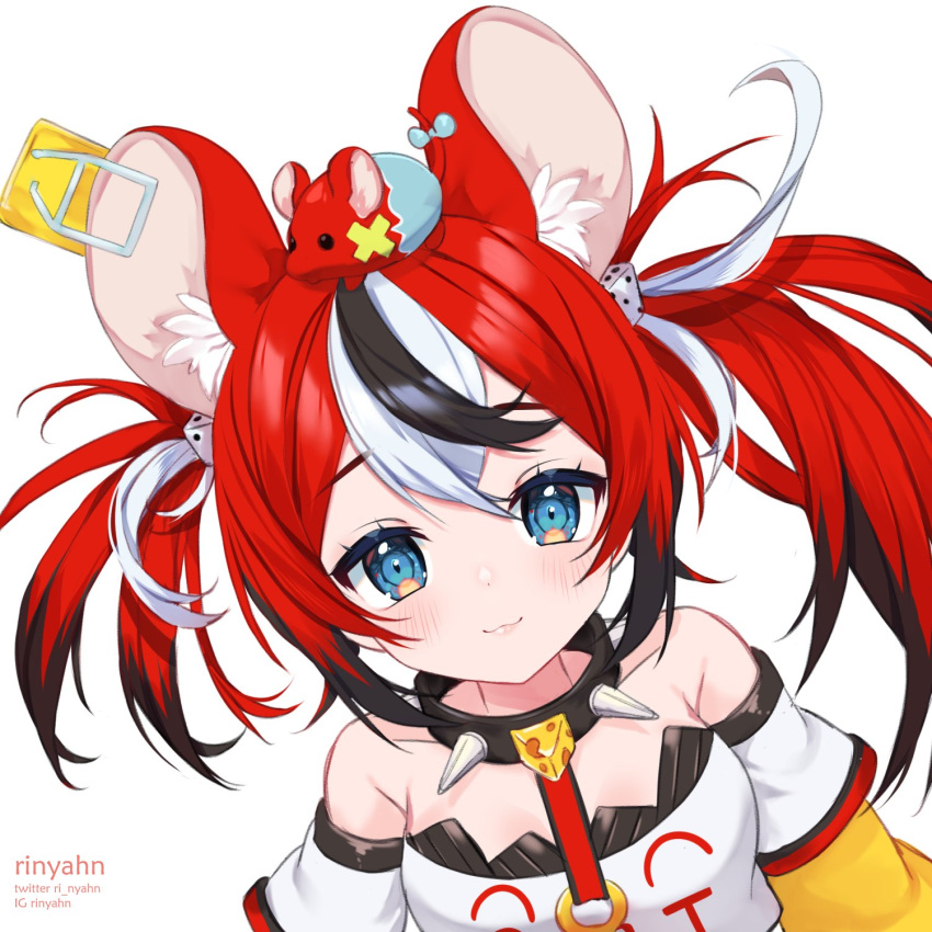 1girl, animal_ear_fluff, animal_ears, bare_shoulders, black_collar, black_hair, blue_eyes, blush, cheese, collar, dice_hair_ornament, food, hair_ornament, hakos_baelz, highres, hololive, hololive_english, instagram_username, looking_at_viewer, mouse, mouse_ears, mouse_girl, mousetrap, multicolored_hair, off-shoulder_shirt, off_shoulder, redhead, ri_nyahn, shirt, smile, spiked_collar, spikes, twintails, twitter_username, white_hair, white_shirt