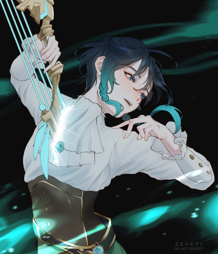 1boy, androgynous, artist_name, ascot, bangs, black_background, black_hair, blue_hair