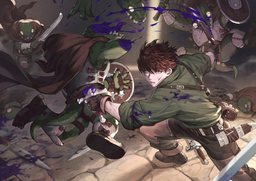 1boy, axe, bandolier, battle, belt, belt_pouch, blood, blood_on_clothes