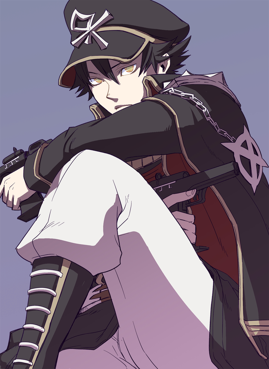 1boy, bangs, black_cape, black_coat, black_footwear, black_hair, black_headwear, blue_background