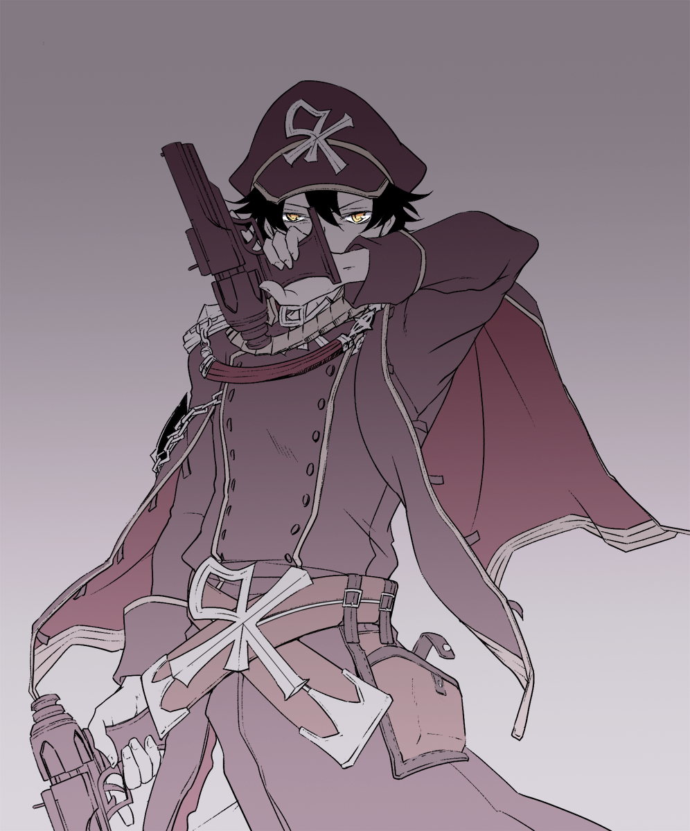 1boy, bangs, black_cape, black_coat, black_hair, black_headwear, buttons, cape