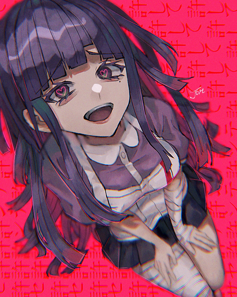 1girl, :d, apron, bandaged_arm, bandaged_leg, bandages, bangs, black_skirt