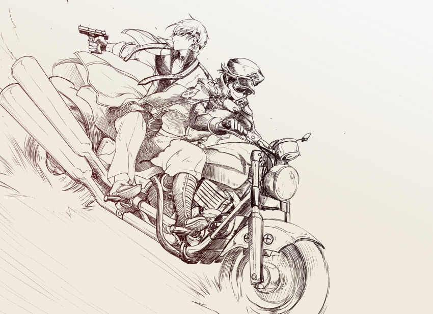 2boys, archbishop_(ragnarok_online), boots, closed_mouth, coat, commentary_request, driving, dutch_angle