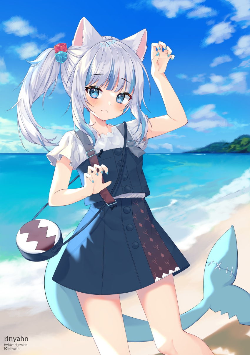 1girl, :3, animal_ears, bag, bangs, beach, blouse, blue_eyes, blue_skirt, blue_sky, blue_vest, cat_ears, clouds, cube, eyebrows_visible_through_hair, fish_tail, gawr_gura, hair_cubes, hair_ornament, highres, hololive, hololive_english, instagram_username, looking_at_viewer, ocean, ri_nyahn, shark_girl, shark_tail, side_ponytail, sidelocks, skirt, sky, solo, stitches, tail, twitter_username, vest, white_blouse, white_hair