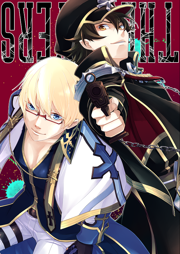 2boys, archbishop_(ragnarok_online), at_gunpoint, bangs, black_coat, black_hair, black_headwear, blonde_hair