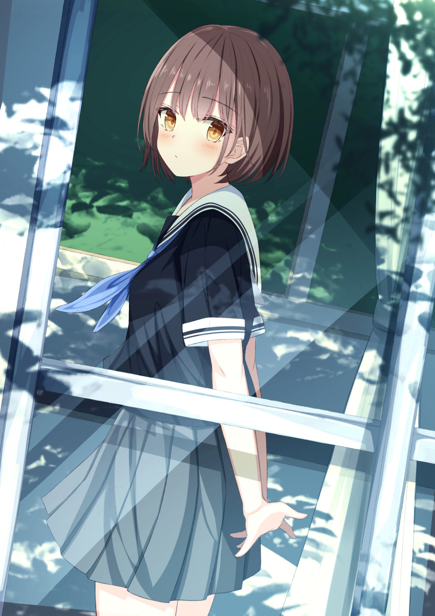 1girl, arms_behind_back, bangs, black_shirt, blue_neckwear, blush, bob_cut, brown_eyes