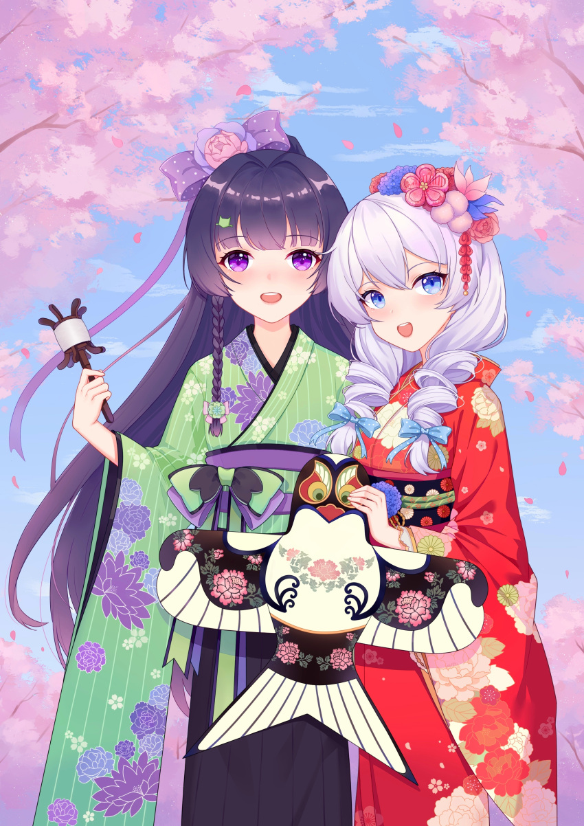 2girls, :d, absurdres, blue_eyes, blue_sky, braid, cha_yan_guan_se, cherry_blossoms