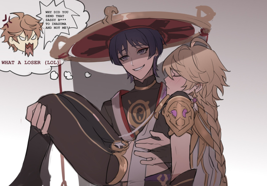 3boys, aether_(genshin_impact), anger_vein, angry, armor, black_pants, black_shirt, blonde_hair