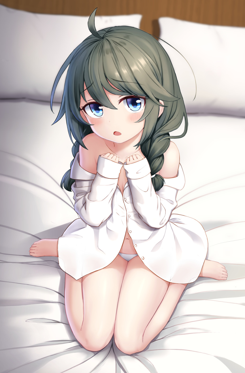1girl, ahoge, bangs, bare_shoulders, barefoot, bed, blue_eyes, blush