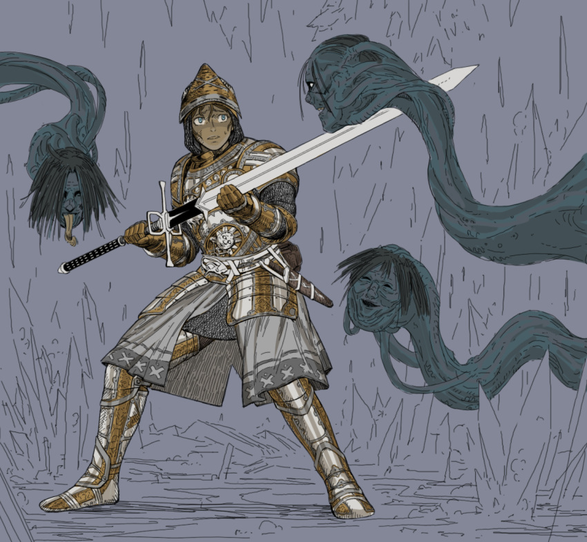 1boy, armor, blue_eyes, brown_hair, commentary, english_commentary, full_armor, gauntlets, holding, holding_sword, holding_weapon, knight, legs_apart, long_sword, mail_armor, metal_boots, monster, original, parted_lips, pauldrons, shaded_face, shoulder_armor, standing, sword, two-handed, weapon, wide-eyed, y_naf