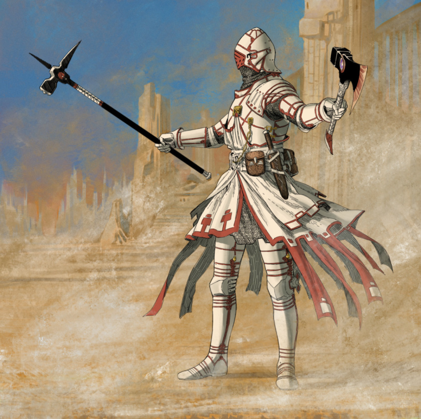 1other, ambiguous_gender, armor, axe, belt, boots, breastplate, commentary