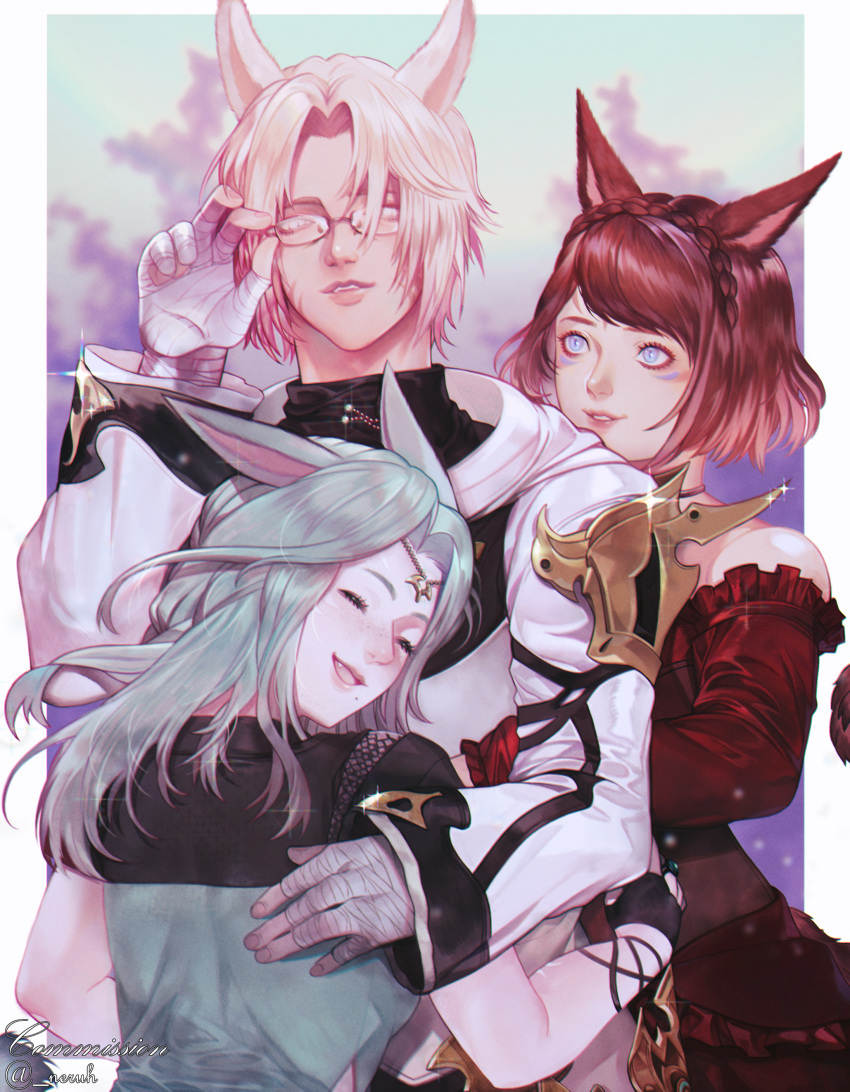 1boy, 2girls, absurdres, adjusting_eyewear, animal_ears, bandaged_hand, bangs, bare_shoulders