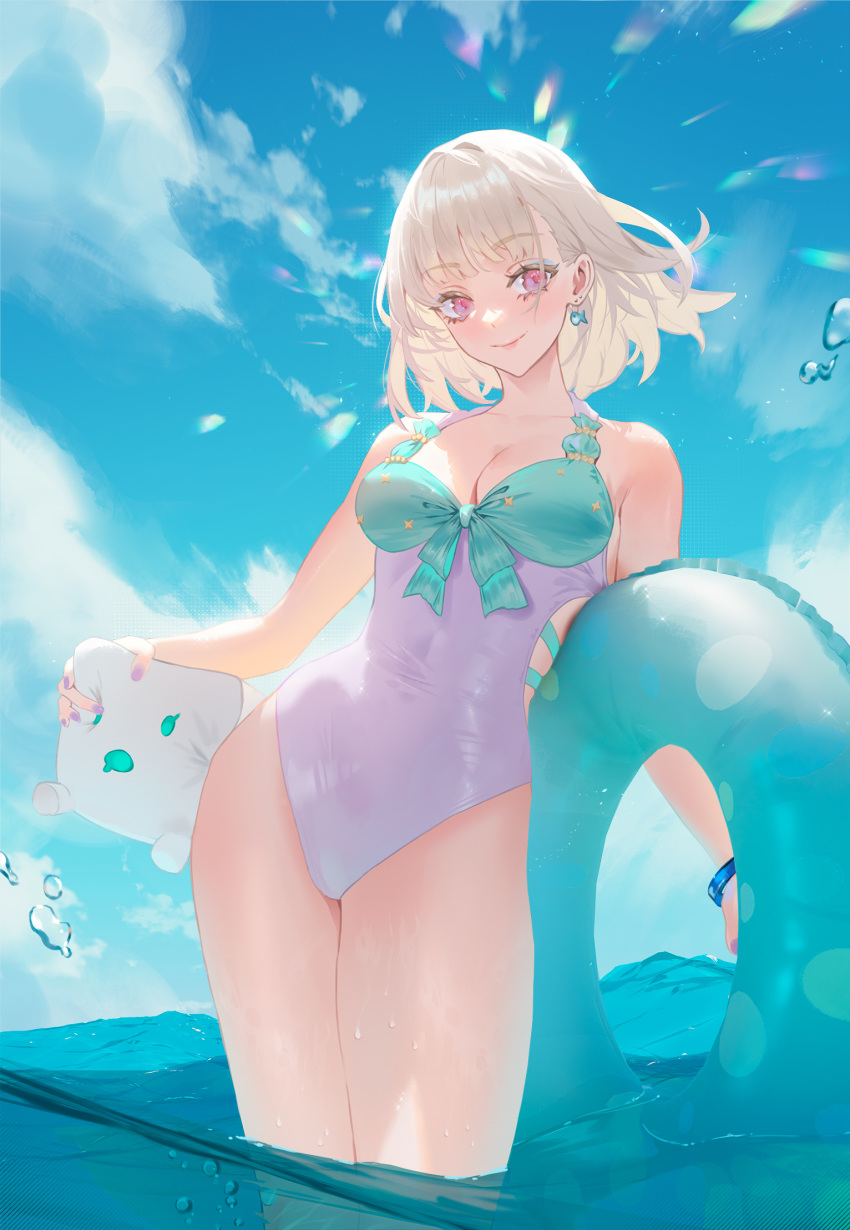 albino, borrowed_character, breasts, cirilla, closed_mouth, earrings, fish_hair_ornament, green_swimsuit