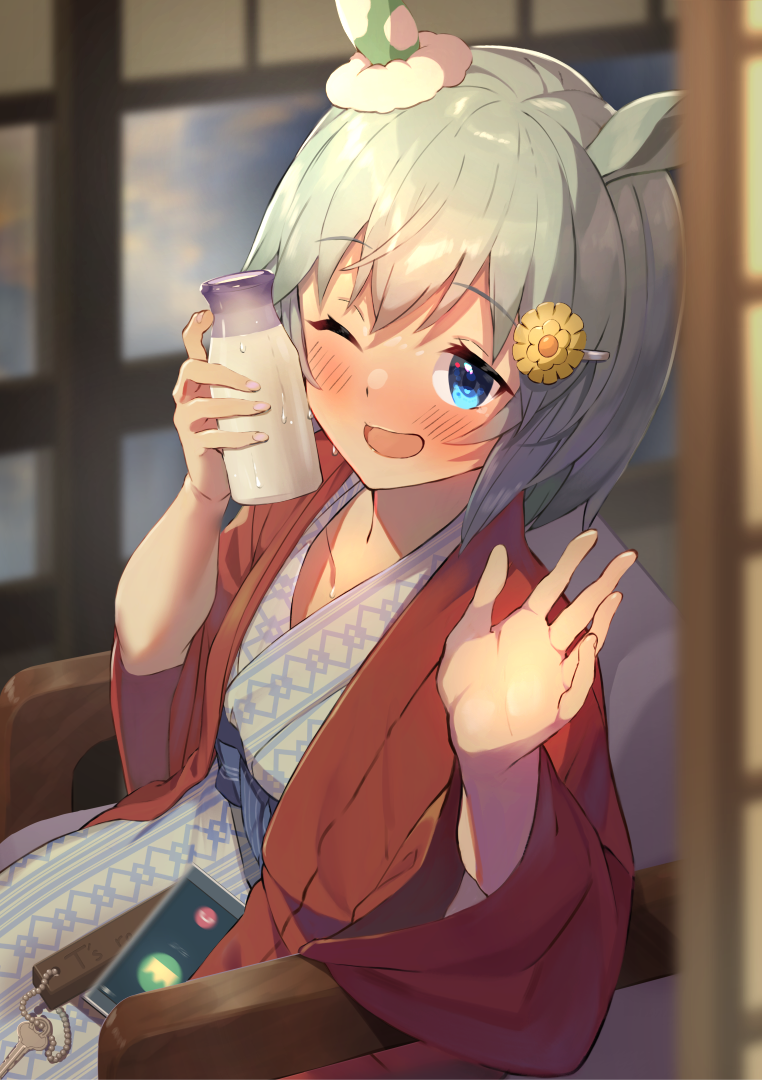1girl, animal_ears, bath_yukata, blue_eyes, blush, bottle, cellphone, eyebrows_visible_through_hair