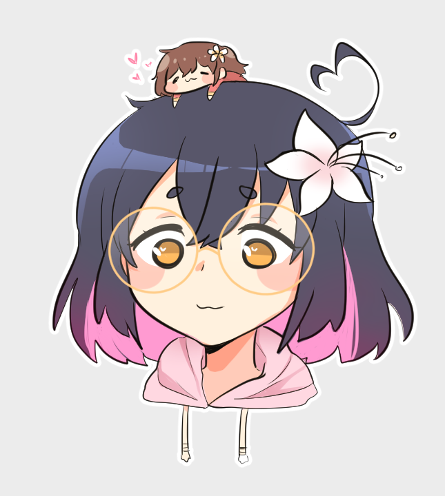 2girls, ahoge, bangs, black_hair, blush, brown_hair, chibi, english_commentary, flower, glasses, grey_background, hair_flower, hair_ornament, hana_macchia, hana_macchia_(artist), heart, heart_hair, hood, hoodie, lilypichu, multiple_girls, nijisanji, nijisanji_id, offlinetv, on_head, pink_hoodie, portrait, round_eyewear, short_hair, smile, virtual_youtuber, white_flower