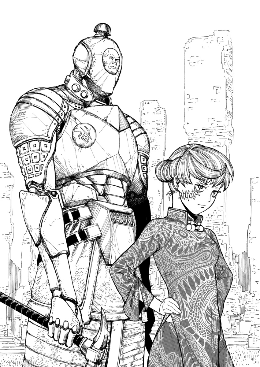 1girl, armor, breasts, closed_mouth, commentary, dress, english_commentary, full_armor