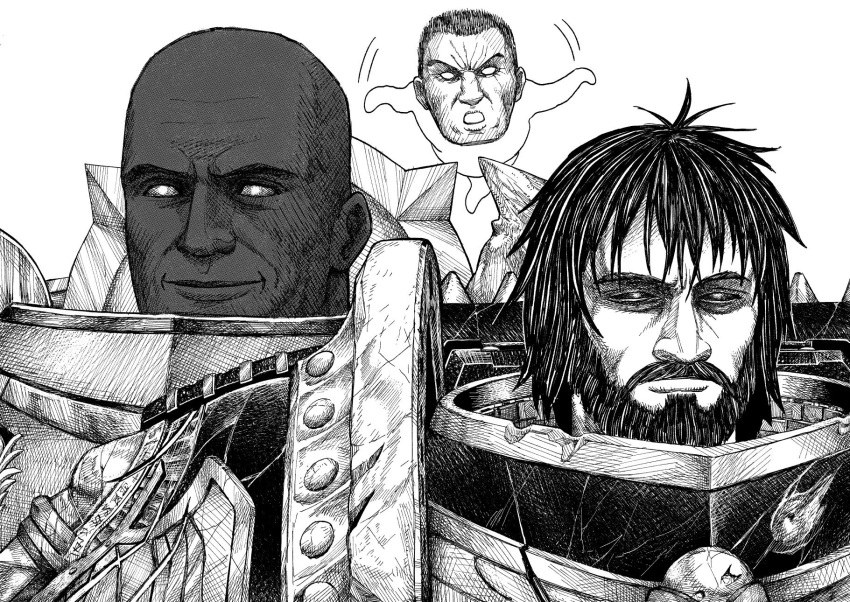 3boys, armor, beard, black_sclera, closed_mouth, colored_sclera, corvus_corax, dark-skinned_male