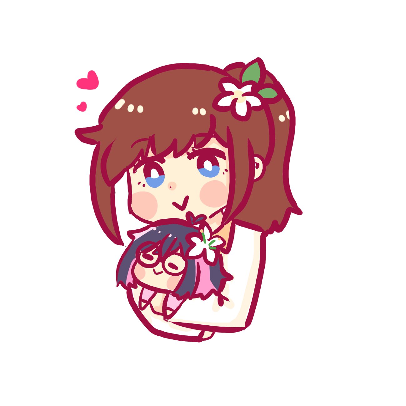 2girls, ^_^, bangs, black_hair, blue_eyes, blush, bright_pupils, brown_hair