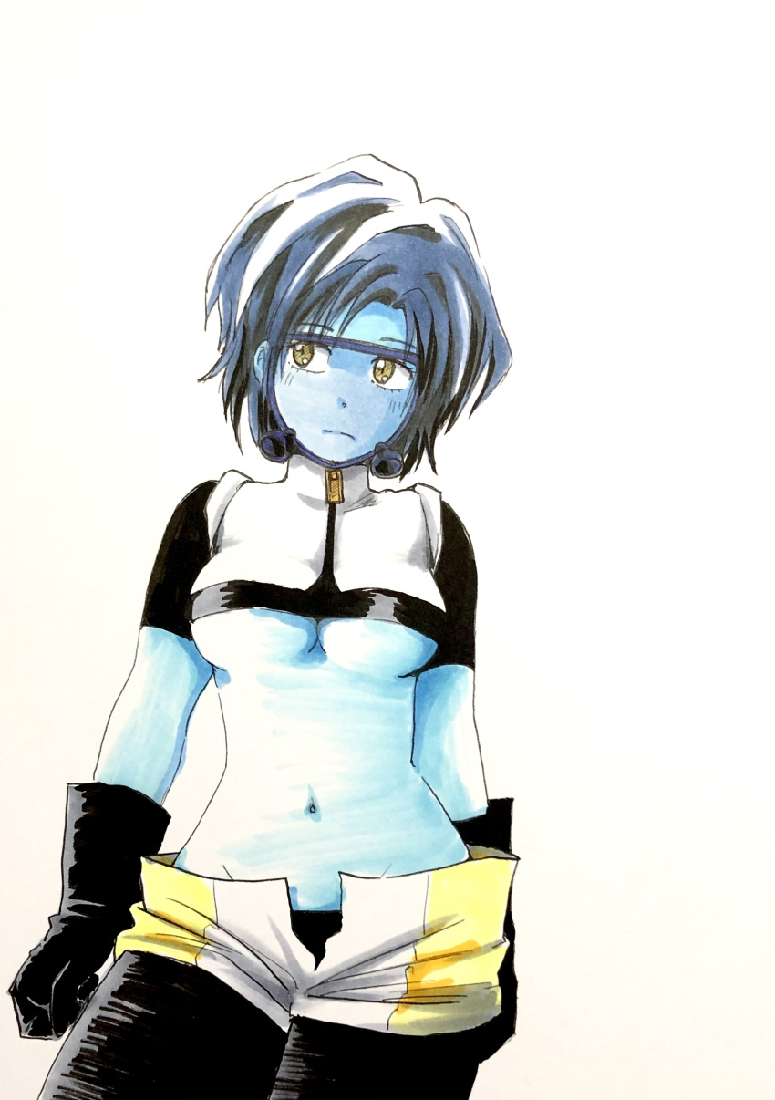 1girl, absurdres, bangs, black_legwear, blue_hair, blue_skin, boku_no_hero_academia, breasts