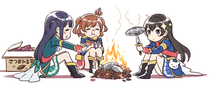 3girls, :i, =_=, aijou_karen, ankle_boots, aqua_jacket, back_bow, bangs, belt, black_footwear, black_hair, blue_eyes, blue_jacket, blue_skirt, blush, bonfire, boots, bow, box, brown_hair, chewing, closed_eyes, closed_mouth, commentary_request, cooking, crown, dagger, dot_mouth, eating, epaulettes, facing_another, fire, food, food_bite, food_on_face, gold_trim, green_bow, green_jacket, hair_ornament, hand_on_own_knee, hands_up, holding, holding_dagger, holding_food, holding_weapon, itooooofu8282, jacket, kagura_hikari, knees_up, knife, leaf, leaf_pile, long_hair, long_sleeves, looking_at_food, looking_at_object, mini_crown, miniskirt, multiple_girls, nose_blush, open_box, outstretched_arms, parted_lips, pleated_skirt, profile, purple_hair, red_sash, red_skirt, roasting, sash, shiny, shiny_hair, short_hair, shoujo_kageki_revue_starlight, sidelocks, simple_background, single_stripe, sitting, skirt, smile, smoke, sparkle_hair_ornament, striped, striped_skirt, stuffed_animal, stuffed_toy, sweet_potato, tassel, teddy_bear, tilted_headwear, translation_request, tsuyuzaki_mahiru, two_side_up, very_long_hair, waist_cape, warming_hands, weapon, white_background, yakiimo, yellow_belt