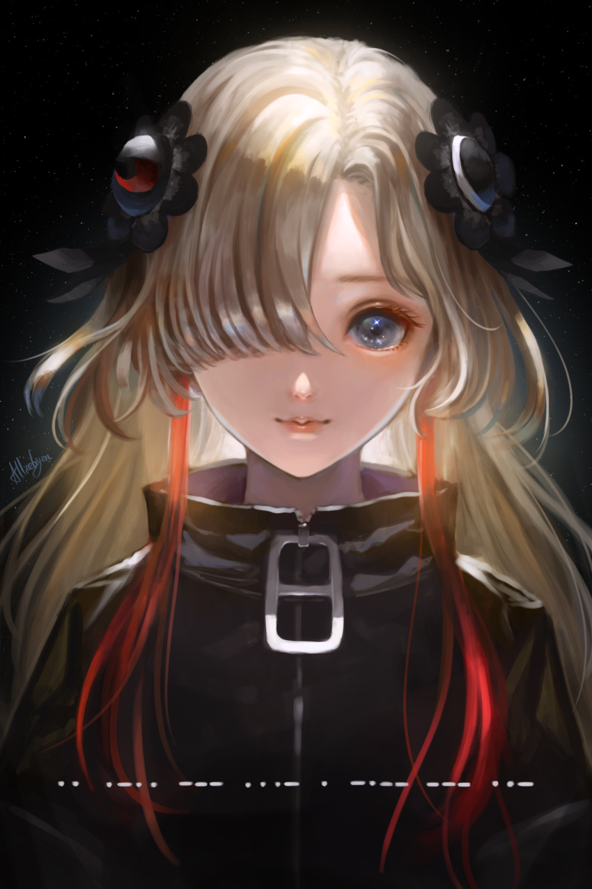 1girl, absurdres, arise_(allicenogalca), black_coat, blue_eyes, coat, hair_ornament, hair_over_one_eye