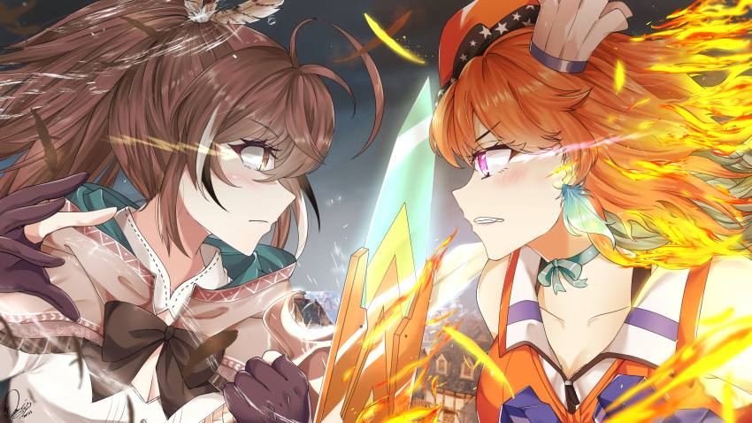 2girls, absurdres, bangs, brown_eyes, brown_hair, earrings, eyebrows_visible_through_hair, feather_earrings