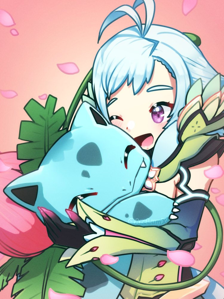 arclumx, blue_eyes, crossover, floren_(xenoblade), flower, gen_1_pokemon, hug, ivysaur