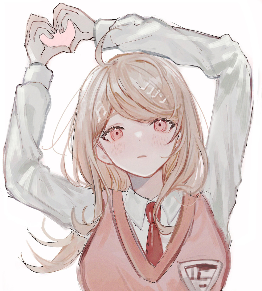 1girl, ahoge, akamatsu_kaede, arms_up, bangs, blonde_hair, blush, breasts