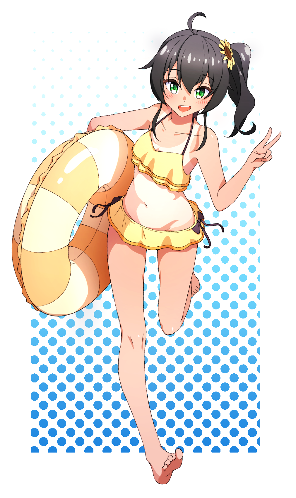 1girl, ahoge, bangs, barefoot, bikini, bikini_skirt, black_bow, black_hair, bow, eyebrows_visible_through_hair, flower, full_body, green_eyes, hair_between_eyes, hair_flower, hair_ornament, halterneck, highres, hololive, looking_at_viewer, natsuiro_matsuri, one-piece_tan, open_mouth, polka_dot, polka_dot_background, short_hair, side_ponytail, solo, striped_innertube, sunflower_hair_ornament, swimsuit, tan, tanlines, unongkong, upper_teeth, v, virtual_youtuber, yellow_bikini, yellow_innertube