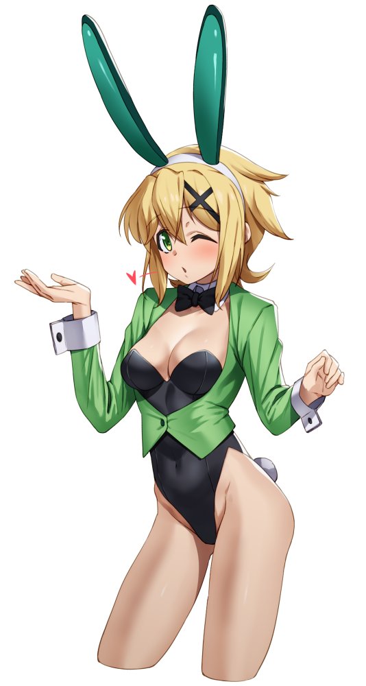 1girl, akatsuki_kirika, animal_ears, black_leotard, blonde_hair, breasts, covered_navel, detached_collar
