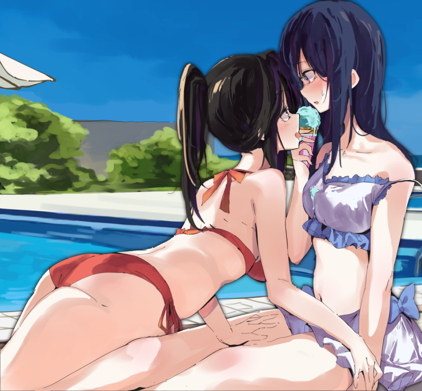 2girls, ass, bangs, bare_arms, bare_shoulders, bikini, black_hair, blue_eyes