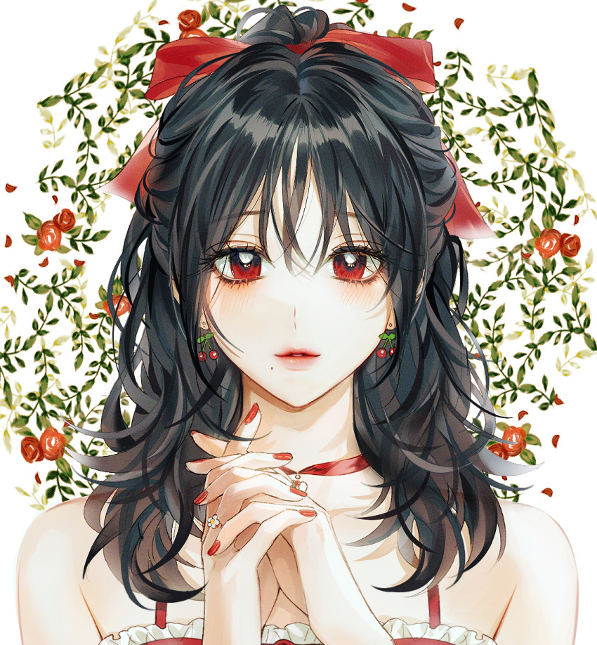 1girl, bangs, bare_shoulders, black_hair, blush, bow, cherry_earrings, commentary, dress, earrings, english_commentary, eyebrows_behind_hair, face, flower, food-themed_earrings, frills, hair_bow, hands_up, highres, interlocked_fingers, jewelry, long_hair, looking_at_viewer, ma_yoyo, nail_polish, original, red_bow, red_dress, red_eyes, red_nails, ring, sidelocks, sleeveless, sleeveless_dress, smile, solo, tareme, upper_body, wavy_hair, white_background