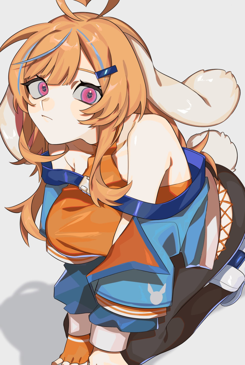 1girl, animal_ears, bangs, black_pants, blue_hair, blue_jacket, bonnie_(bunny_gif), breasts