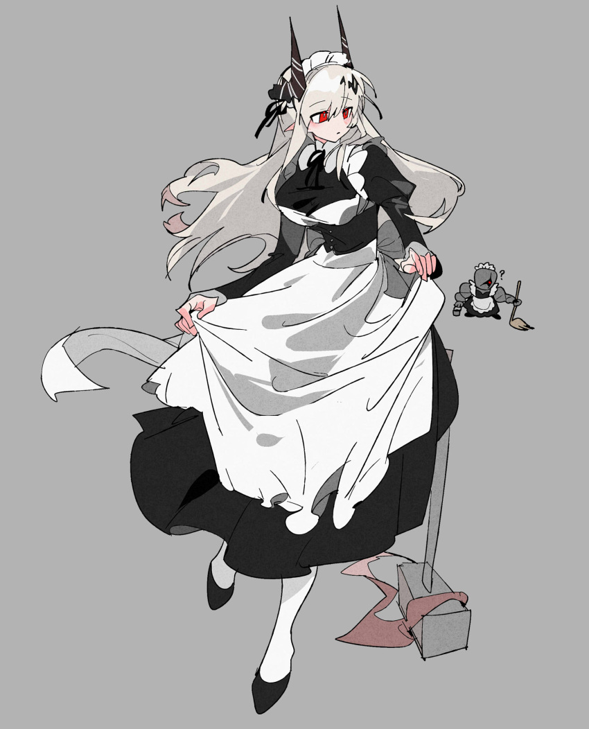 1girl, 1other, ?, absurdres, alternate_costume, arknights, demon_horns, dress